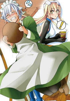 ! 1boy 1girl :o aiz_wallenstein apron bell_cranel black_gloves black_pantyhose blonde_hair blush boots breasts brown_boots clenched_teeth closed_eyes crossdressing crossdressing_(mtf) cup dress dungeon_ni_deai_wo_motomeru_no_wa_machigatteiru_darou_ka embarrassed gloves green_dress hair_between_eyes hairband highres holding holding_cup holding_tray juliet_sleeves long_hair long_sleeves looking_at_another maid_headdress medium_breasts metal_hairband nose_blush novel_illustration official_art pantyhose parted_lips puffy_sleeves short_hair spoken_exclamation_mark spoken_sweatdrop sweat sweatdrop tankard tearing_up teeth third-party_source tray white_apron white_hair white_headdress wooden_tray yagi_takashi yellow_eyes