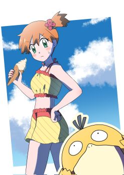 Rule 34 | 1girl, bare arms, bikini, blush, chapi sasa, closed mouth, cloud, day, eyelashes, flower, food, frown, gen 1 pokemon, green eyes, hair flower, hair ornament, hand on own hip, hand up, highres, holding, holding food, holding ice cream, ice cream, ice cream cone, looking at viewer, misty (pokemon), nintendo, official alternate costume, one side up, orange hair, outdoors, pink flower, pokemon, pokemon (anime), pokemon sm102, pokemon sm (anime), ponytail, psyduck, short hair, shorts, side ponytail, sky, standing, sweatdrop, swimsuit, v-shaped eyebrows, water, yellow bikini, yellow shorts