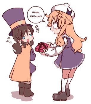 Rule 34 | 2girls, a hat in time, black hair, black shoes, blonde hair, blue eyes, blush, cape, character request, dress, english text, eye contact, gift, happy valentine, hat, hat kid, inedible, long hair, looking at another, multiple girls, open mouth, purple dress, purple hat, red eyes, shoes, smile, socks, speech bubble, tooth, valentine, white background, white hat, white socks, yellow cape
