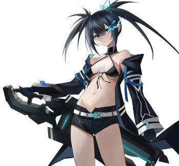 1girl absurdres bikini bikini_top_only black_bikini black_hair black_jacket black_rock_shooter black_rock_shooter_(character) black_shorts blue_eyes breasts breasts_apart closed_mouth commentary_request cowboy_shot flaming_eye hai_binggan highres holding holding_weapon jacket long_hair looking_at_viewer medium_breasts navel open_clothes open_jacket short_shorts shorts simple_background solo swimsuit twintails weapon white_background