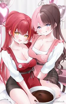 Rule 34 | 2girls, absurdres, apron, balloon, black skirt, blue eyes, blush, breasts, brown hair, chocolate, commentary request, heart balloon, high ponytail, highres, large breasts, long hair, multicolored hair, multiple girls, neko neneko, nekota tsuna, orange hair, pink apron, pink hair, ponytail, red apron, red hair, shirt, skirt, smile, streaked hair, tachibana hinano, virtual youtuber, vspo!, white shirt, yellow eyes