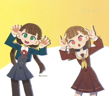 2girls :d :o alt_text black_bow black_pantyhose blazer blue_jacket blunt_bangs blush_stickers bow braid brown_dress brown_hair center-flap_bangs check_commentary claw_pose collared_shirt commentary_request dress fox_shadow_puppet green_eyes grey_dress hair_bow hair_ribbon half_up_braid half_updo hasu_no_sora_school_uniform height highres in-franchise_crossover jacket kachimachi_kosuzu leaning_to_the_side link!_like!_love_live! long_hair long_sleeves looking_at_viewer love_live! love_live!_superstar!! low_twintails medium_dress meidosan multiple_girls neck_ribbon neckerchief open_clothes open_jacket open_mouth pantyhose pink_eyes pleated_dress pose_switch red_ribbon ribbon sailor_collar sailor_dress sakurakoji_kinako school_uniform shirt short_dress side_ahoge side_braids smile straight_hair striped_bow symmetry teeth trait_connection twintails twitter_username two-tone_background upper_teeth_only v-shaped_eyebrows virtual_youtuber white_background white_ribbon white_sailor_collar white_shirt winter_uniform yellow_background yellow_neckerchief yuigaoka_school_uniform