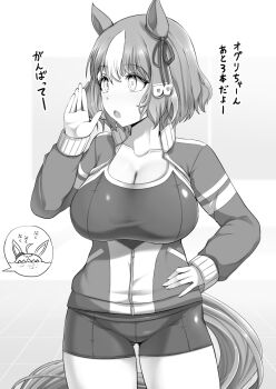 Rule 34 | 2girls, ahoge, animal ears, belno light (umamusume), bow, breasts, cleavage, collarbone, commentary request, cowboy shot, ear ribbon, greyscale, hair ornament, hand on own hip, highres, horse ears, horse girl, horse tail, jacket, large breasts, long sleeves, looking to the side, monochrome, multicolored hair, multiple girls, oguri cap (umamusume), one-piece swimsuit, open mouth, short hair, simple background, solo focus, streaked hair, swimsuit, swimsuit under clothes, tail, tenko (raimugi666), tracen swimsuit, tracen training uniform, track jacket, umamusume, umamusume: cinderella gray, white background, zipper