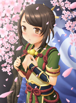 1girl blush breasts brown_eyes brown_hair cherry_blossoms embarrassed flashing hair_ornament highres japanese_clothes loli monster_hunter_(series) monster_hunter_rise nipples open_mouth pulling_own_clothes sin-go small_breasts undressing yomogi_(monster_hunter)