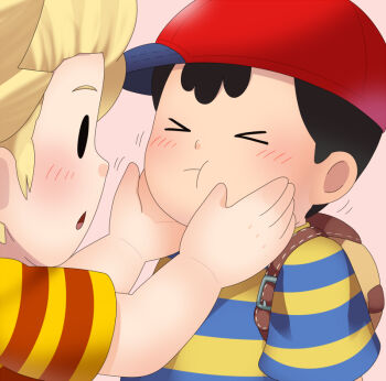black_hair blonde_hair blush cheeks child hat holding_cheeks lucas_(mother_3) mother_(series) mother_2 ness_(mother_2) nintendo pout red_hat shirt shota sjsj_10 striped_clothes striped_shirt super_smash_bros.