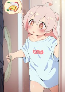 Rule 34 | 1girl, ahoge, blue shirt, blush, brown eyes, commentary request, dagasi, door, food, highres, long hair, onii-chan wa oshimai!, open door, oyama mahiro, pink hair, pizza, shirt, short sleeves, sweat, t-shirt, thighs