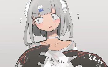 1girl averting_eyes blunt_bangs blush choker clothes_writing collarbone commentary_request crying crying_with_eyes_open flying_sweatdrops grey_background grey_eyes grey_hair hands_up head_tilt highres jaggy_lines long_sleeves looking_to_the_side medium_hair nervous_smile nukunuku_nigirimeshi open_mouth original oversized_clothes shirt simple_background sleeves_past_fingers sleeves_past_wrists smile solo sweat t-shirt tearing_up tears upper_body white_choker white_shirt
