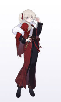 1girl absurdres black_pants blush chinese_commentary commentary_request full_body girls_band_cry grey_eyes grey_hair hand_on_own_hip highres kawaragi_momoka long_hair long_sleeves pants parted_lips side_ponytail simple_background solo white_background yun_cao_bing