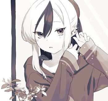 1girl black_hair black_hoodie blue_archive blush commentary ear_focus earrings hair_between_eyes hands_up highres hood hood_down hoodie jewelry kayoko_(blue_archive) kisaka leaf limited_palette looking_at_viewer multicolored_hair open_mouth ponytail sidelocks simple_background sleeves_past_wrists slit_pupils solo straight_hair tsurime two-tone_hair upper_body white_background white_hair