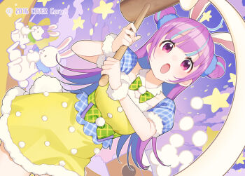 Rule 34 | 1girl, alternate costume, alternate hairstyle, animal ears, blue hair, blue sleeves, blush, booota, collar, collarbone, colored inner hair, commentary request, detached collar, detached sleeves, dot nose, double bun, dress, fur-trimmed dress, fur-trimmed sleeves, fur trim, hair bun, holding, holding mallet, hololive, looking at viewer, mallet, minato aqua, multicolored hair, official art, open mouth, pom pom (clothes), purple eyes, purple hair, rabbit, rabbit ears, side up bun, solo, star (symbol), streaked hair, tongue, virtual youtuber, white collar, yellow dress