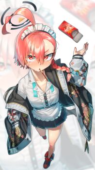 1girl absurdres ahoge apron asymmetrical_bangs bare_legs black_skirt blue_archive blush braid center_frills commentary fingernails food food_in_mouth frills from_above full_body hair_between_eyes halo highres huge_ahoge jacket looking_at_viewer maid_headdress miniskirt mole mole_under_each_eye mole_under_eye mouth_hold multiple_moles neru_(blue_archive) open_clothes open_jacket pocky pocky_day pocky_in_mouth red_eyes red_shoes sharp_fingernails shirt shoes short_hair single_braid skirt solo sukajan sweatdrop tsurime v-shaped_eyebrows waist_apron walking walking_nakta white_apron white_shirt zoom_layer