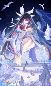 1girl absurdres bare_shoulders bird black_hair blue_dress bow chinese_commentary closed_eyes closed_mouth columbina_(genshin_impact) commentary_request dove dress genshin_impact hair_ornament head_wings highres leg_wrap liuyungeliyuyuzi long_hair mountain multicolored_hair multiple_wings purple_hair purple_streaks ribbon see-through_clothes see-through_veil sitting solo streaked_hair two-tone_dress two-tone_hair veil very_long_hair white_dress white_sleeves white_veil white_wings wings x_hair_ornament