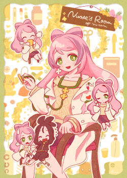 2girls bandaid black_hair black_pants black_shirt blush book border bow bright_pupils chair character_name chibi chibi_inset chiri_sousu closed_eyes commentary cup dendra_(pokemon) earrings english_text eyelashes flying_sweatdrops gen_1_pokemon green_border green_eyes heart highres holding holding_cup holding_stethoscope jacket jewelry lab_coat long_hair long_sleeves miriam_(pokemon) multicolored_hair multiple_girls nail_polish nintendo nurse one_eye_closed open_clothes open_jacket open_mouth outline pants pikachu pill pink_bow pink_hair pokemon pokemon_sv purple_hair purple_skirt scissors shirt shoes sidelocks sign sitting skirt smile stethoscope sweatdrop sweater two-tone_hair white_jacket white_outline white_pupils white_shoes yellow_shoes yellow_sweater