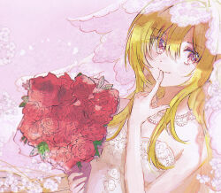 Rule 34 | 1girl, blonde hair, bouquet, breasts, bridal veil, dress, finger to mouth, flower, hair between eyes, hamachamu, holding, holding bouquet, idolmaster, idolmaster cinderella girls, idolmaster cinderella girls starlight stage, jewelry, kurosaki chitose, long hair, necklace, pearl necklace, red eyes, red flower, small breasts, smile, solo, strapless, strapless dress, upper body, veil, wedding dress, white dress