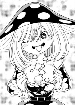 1girl boku_no_hero_academia breasts breasts_squeezed_together cleavage commentary_request dress hair_over_one_eye highres komori_kinoko large_breasts mushroom_hat mushroom_on_head o_den open_mouth polka_dot polka_dot_dress smile solo symbol-shaped_pupils tongue tongue_out underwear x-shaped_pupils