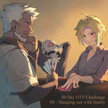 3boys aged_down blonde_hair blue_eyes body_fur buon_zzz card closed_mouth collar collarbone commentary english_commentary furry furry_male green_eyes grey_shirt hand_on_own_chin hands_on_own_head heterochromia highres holding holding_card hugo_vlad indoors jack_(zenless_zone_zero) looking_at_another male_focus multiple_boys open_mouth playing_card pointy_ears purple_shirt shirt signature sleeves_rolled_up smile table von_lycaon white_beard white_fur white_hair wolf_boy zenless_zone_zero