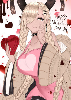 Rule 34 | 1girl, absurdres, apron, azur lane, black choker, black horns, black skirt, box, braid, breasts, candy, chocolate, chocolate heart, choker, cleavage, commentary request, earrings, food, gift, gift box, hair over one eye, happy valentine, heart, heart-shaped box, heart-shaped food, highres, holding, holding box, holding gift, horn ornament, horns, huge breasts, jewelry, lace, lace choker, long sleeves, low twin braids, miniskirt, owari (azur lane), pink apron, pleated skirt, sethia sgs, skirt, solo, tassel, tassel earrings, twin braids, valentine, wide sleeves, yellow eyes
