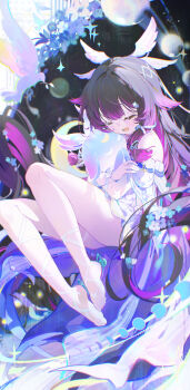 1girl absurdres bare_shoulders black_hair closed_eyes columbina_(genshin_impact) commentary coria dress eye_mask genshin_impact hair_ornament head_wings highres hug kuuhenki_(genshin_impact) long_hair mask multicolored_hair multiple_girls pink_hair purple_hair ribbon smile solo symbol-only_commentary two-tone_hair very_long_hair white_dress white_mask wings