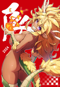 &gt;:) 1girl 2024 absurdres arched_back ass blush breasts butt_crack chinese_zodiac claws cleavage completely_nude convenient_arm convenient_censoring dark-skinned_female dark_skin dragon dragon_girl dragon_horns dragon_tail eastern_dragon fire from_behind hair_between_eyes highres horns large_breasts long_hair looking_at_viewer looking_back mefuchan monster_girl nude open_mouth original pointy_ears purple_eyes pyrokinesis red_background simple_background smile solo tail teeth v-shaped_eyebrows very_long_hair year_of_the_dragon