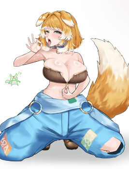 1girl animal_ears blonde_hair bonnie_barkswell boots breasts collar dog_ears dog_tail fellatio_gesture globie green_eyes heiz_illust indie_virtual_youtuber large_breasts looking_at_viewer midriff mole mole_on_breast overalls strapless sweat sweatdrop tail tube_top unzipped unzipping virtual_youtuber