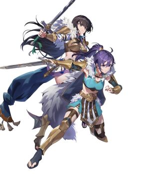 2girls armor attack black_hair breastplate breasts cleavage fir_(dual_warrior)_(fire_emblem) fir_(fire_emblem) fire_emblem fire_emblem:_the_binding_blade fire_emblem:_the_blazing_blade fire_emblem_heroes gladiator_sandals highres holding holding_sword holding_weapon karla_(dual_warrior)_(fire_emblem) karla_(fire_emblem) long_hair medium_breasts mother_and_daughter multiple_girls navel nintendo non-web_source official_alternate_costume official_art ponytail purple_hair sandals sword v-shaped_eyebrows very_long_hair weapon