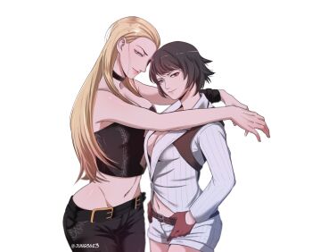 2girls artist_name black_choker black_hair blonde_hair breasts choker cleavage devil_may_cry devil_may_cry_(series) devil_may_cry_4 heterochromia highres jacket lady_(devil_may_cry) long_hair looking_at_viewer midriff multiple_girls patyuki0 short_hair shorts simple_background smile trish_(devil_may_cry) white_background white_jacket white_shorts