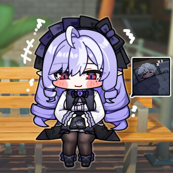 1boy 1girl ahoge ascot bed black_pantyhose blush bow bowtie breasts chibi chibi_only commentary_request drill_hair gem grey_hair hairband holding holding_phone ldd.ek long_hair long_sleeves looking_down lying mole mole_under_eye multicolored_hair on_back on_bed pantyhose phone pointy_ears purple_ascot purple_bow purple_bowtie purple_gem purple_hair purple_hairband red_eyes shirt shrug_(clothing) sitting sleeping streaked_hair vivian_banshee white_shrug wise_(zenless_zone_zero) zenless_zone_zero zzz