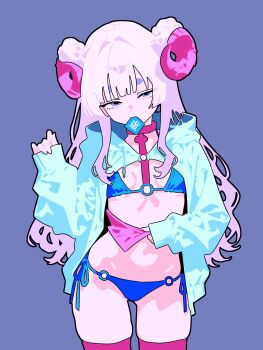 Rule 34 | 1girl, bikini, blue bikini, breasts, choppy bangs, clothing request, commentary, commentary request, commission, condom, condom in mouth, english commentary, highres, looking at viewer, minminmince, mouth hold, navel, o-ring, o-ring bikini, original, pink hair, pink thighhighs, purple eyes, single sleeve past wrist, skeb commission, small breasts, solo, swimsuit, thighhighs