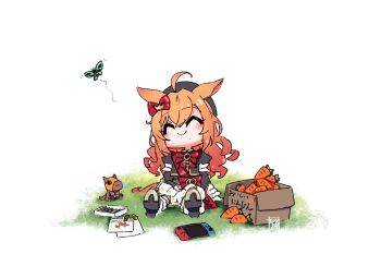 ahoge animal_ears beret blush box bug butterfly cardboard_box carrot chibi closed_mouth collarbone commentary_request controller food game_controller grass hair_between_eyes hair_ornament hair_ribbon hat horse_ears horse_girl insect orange_hair ribbon royal_family_(the_royal_family) sitting smile stuffed_toy the_royal_family_(tv_series) torikai_a white_background