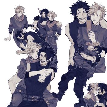 2boys armor arms_around_neck baggy_pants belt black_boots black_hair blonde_hair blue_shirt boots carrying cellphone cloud_strife crisis_core_final_fantasy_vii dirty earrings final_fantasy final_fantasy_vii flip_phone forehead-to-forehead grey_sweater hair_between_eyes hand_in_another&#039;s_hair heads_together highres holding holding_phone ht8207 hug jewelry lap_pillow light_blush multiple_belts multiple_boys open_mouth pants parted_bangs pauldrons phone piggyback scarf shinra_infantry_uniform shirt short_hair shoulder_armor single_earring sleeveless sleeveless_turtleneck smile spiked_hair sweat sweater sword sword_on_back turtleneck weapon weapon_on_back white_background yaoi zack_fair