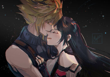 1boy 1girl bare_shoulders black_gloves black_hair blonde_hair blue_sweater closed_eyes closed_mouth cloud_strife commentary couple earrings elbow_gloves english_commentary final_fantasy final_fantasy_vii final_fantasy_vii_remake fingerless_gloves from_side gloves hand_on_another&#039;s_chest hand_on_another&#039;s_shoulder heads_together hetero hug jewelry light_particles long_hair miyukiko profile short_hair signature single_arm_guard single_earring sleeveless sleeveless_turtleneck smile spiked_hair suspenders sweater tank_top tifa_lockhart turtleneck turtleneck_sweater upper_body white_tank_top