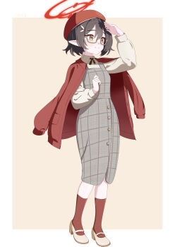1girl absurdres alternate_costume artist_name ayane_(blue_archive) baozi_9527 black_hair blue_archive border brown_ribbon brown_shirt commentary dress full_body grey_dress hair_ornament halo hat highres legs neck_ribbon pointy_ears red_halo red_hat red_socks ribbon shirt shoes short_hair socks solo white_border yellow_background yellow_eyes yellow_shoes