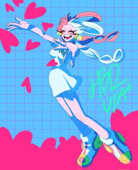 Rule 34 | 1girl, birthday, blush, breasts, character name, checkered background, closed eyes, dress, full body, hair rings, hashtag-only commentary, headphones, heart, highres, long hair, medium breasts, multicolored hair, one piece, one piece film: red, open hands, open mouth, outstretched arms, red hair, solo, spookeygoost, standing, two-tone hair, uta (one piece), white dress, white hair