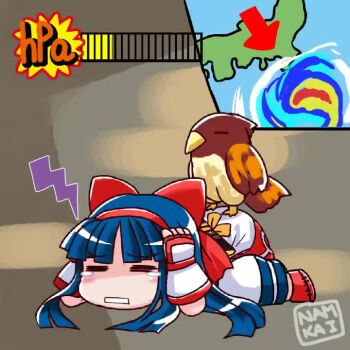 1girl ainu_clothes animated bird blue_hair chibi clenched_teeth closed_eyes face_down falcon fingerless_gloves gameplay_mechanics gloves hair_ribbon japan japanese_text legs long_hair lying mamahaha map nakoruru on_stomach pants ribbon samurai_spirits scratching_head snk tagme tears teeth the_king_of_fighters thighs translation_request trembling video weapon