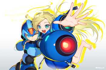 Rule 34 | 1boy, 1girl, absurdres, aiming, aiming at viewer, arm cannon, armor, blonde hair, blue armor, blue coat, blue helmet, buzzsaw (6631455), coat, commentary, company connection, cow, crossover, diana (pragmata), forehead jewel, halo, helmet, highres, long hair, looking at viewer, mega man (series), mega man x (series), pragmata, simple background, teppen, weapon, white background, x (mega man), yellow halo