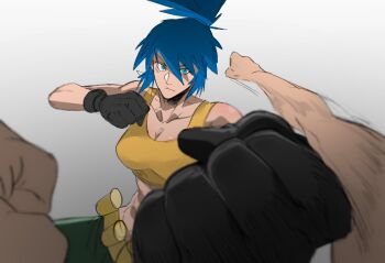 1girl blue_eyes blue_hair breasts female_focus gloves kosukekurokami large_breasts leona_heidern long_hair mavrost pale_skin ponytail shirt tank_top the_king_of_fighters