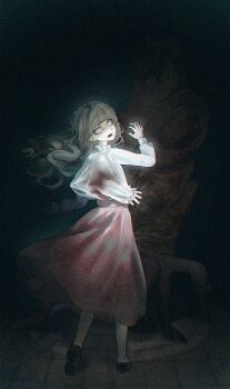 1girl black_footwear blood blood_on_clothes body_horror brown_hair cocoon_(fear_&amp;_hunger) commentary dark dual_persona fear_&amp;_hunger fear_&amp;_hunger_2:_termina frilled_shirt_collar frills full_body hand_up highres horror_(theme) lilio long_hair long_skirt long_sleeves looking_at_viewer looking_back marina_(fear_&amp;_hunger) monster monsterification open_mouth pink_skirt shirt skirt socks standing static white_shirt white_socks