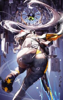 1girl absurdres ass black_pants blindfold_mask blonde_hair camouflage camouflage_pants commentary covered_eyes english_commentary ethereal_(zenless_zone_zero) from_behind glowing_mask greedice gun hair_ornament handgun highres holding holding_weapon hole latex_pants leg_up long_hair looking_back mask pants rifle sniper_rifle tight_clothes tight_pants triangle_hair_ornament trigger_(zenless_zone_zero) weapon zenless_zone_zero