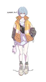 Rule 34 | 1girl, angel (evangelion), ayanami rei, blue hair, character name, commentary, full body, hair between eyes, hand in pocket, highres, holding, jacket, looking at viewer, neon genesis evangelion, object in pocket, pocket, red eyes, shirt, shoes, short hair, simple background, sneakers, solo, takeuchi ryousuke, white background, white shirt