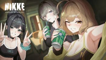 3girls absurdres anis_(nikke) black_choker black_hair black_sports_bra blue_eyes blurry blurry_background breasts brown_hair can cho_gum choker cleavage commentary_request copyright_logo copyright_name drink_can goddess_of_victory:_nikke green_eyes grey_hair hair_intakes highres holding holding_can logo mint_(nikke) multiple_girls official_alternate_costume official_art one_eye_closed prika_(nikke) selfie smile soda soda_can sports_bra t.t._star_(nikke) upper_body v yellow_eyes