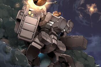 Rule 34 | absurdres, assault visor, commentary, cosmo-5, explosion, feet out of frame, firing, gundam, gundam unicorn, highres, loto, mecha, mecha focus, missile, missile pod, mobile suit, no humans, orange visor, robot, rock, science fiction, signature, solo, standing