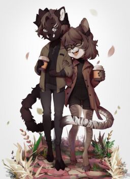2girls :d animal_ears animal_nose black_shirt black_shorts body_fur breasts brown_fur brown_jacket cat_ears cat_girl cat_tail closed_mouth full_body furry furry_female furry_with_furry glasses grass highres holding jacket multicolored_fur multiple_girls open_mouth original pita-potato shirt shorts smile snout standing tail white_background white_fur