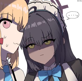 ... 2girls :3 absurdres artist_name black_hair blue_archive blue_bow blue_bowtie blue_necktie bow bowtie closed_mouth commentary dark-skinned_female dark_skin dexter_(tv_series) highres kai_xin karin_(blue_archive) maid_headdress meme momoi_(blue_archive) multiple_girls necktie nervous_sweating parody portrait racist_momoi_(meme) raised_eyebrow scene_reference shaded_face simple_background spoken_ellipsis staring sweat symbol-only_commentary white_background yellow_eyes