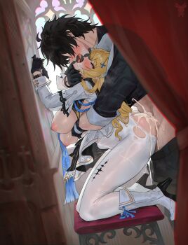 1boy 1girl absurdres against_wall alternate_breast_size_(larger) black_gloves black_hair black_jacket blonde_hair blue_eyes blue_sash blush boots breasts chromatic_aberration clothes_lift commentary confessional cum cumdrip elocca french_kiss from_side gloves hair_ornament half-closed_eyes hashtag-only_commentary head_back hetero high_heel_boots high_heels highres hug hug_from_behind jacket kiss kneeling large_breasts long_hair long_sleeves looking_at_another looking_up male_rover_(wuthering_waves) nipples open_mouth paid_reward_available pantyhose phoebe_(wuthering_waves) rover_(wuthering_waves) saliva sash sex sex_from_behind shirt shirt_lift skirt stomach_bulge sweat tacet_mark_(wuthering_waves) tongue tongue_out torn_clothes torn_pantyhose white_boots white_pantyhose white_shirt white_skirt wuthering_waves x_hair_ornament