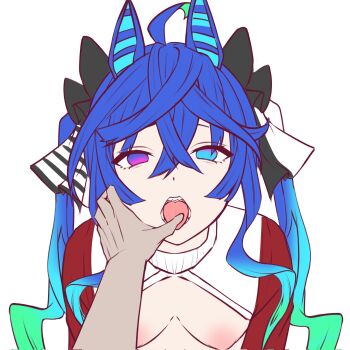 1boy 1girl ahoge animal_ears black_bow blue_eyes blue_hair bow breasts breasts_out corrupted_twitter_file crossed_bangs empty_eyes hair_between_eyes hair_bow hetero highres horse_ears horse_girl jacket jiang_ethan long_hair looking_at_viewer medium_breasts nipples open_mouth pov pov_hands pulling_tongue purple_eyes red_jacket simple_background solo_focus tongue tongue_out track_jacket twin_turbo_(umamusume) umamusume upper_body white_background