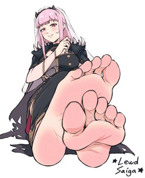 1girl absurdres barefoot blush feet foot_focus highres hololive hololive_english lewdsaiga long_hair looking_at_viewer mori_calliope mori_calliope_(1st_costume) pink_hair red_eyes simple_background sitting smile soles solo toes torn_clothes virtual_youtuber white_background