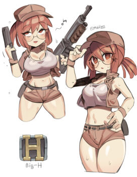 1girl absurdres adjusting_clothes adjusting_headwear artist_name breasts brown_eyes brown_hair brown_hat brown_shoes brown_vest commentary cropped_legs ddg160 dual_wielding field_cap fio_germi gameplay_mechanics glasses gun hand_on_own_hip handgun hat highres holding holding_gun holding_weapon large_breasts machine_gun metal_slug midriff multiple_views navel open_clothes open_vest parted_lips round_eyewear shoes short_shorts shorts simple_background sweat vest weapon white_background wristband