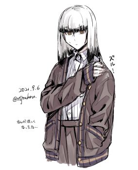 Rule 34 | 1girl, adapted costume, black hair, blunt bangs, brown eyes, brown jacket, brown skirt, closed mouth, collared shirt, colored tips, commentary request, cropped torso, dated, expressionless, hand in pocket, hand up, jacket, jouhou, long sleeves, looking at viewer, medium hair, multicolored hair, open clothes, open jacket, origami family's elite guard uniform, satsuki yomi, shirt, simple background, sketch, skirt, sleeves past wrists, solo, standing, striped clothes, striped shirt, sweat, toji no miko, translation request, twitter username, upper body, white background, white hair, white shirt