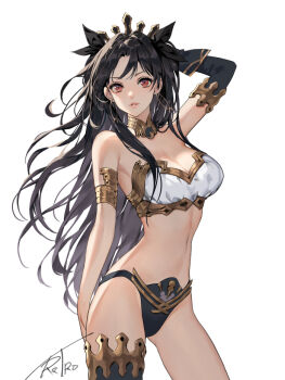 1girl armlet black_hair breasts cleavage commentary_request earrings fate/grand_order fate_(series) ishtar_(fate) jewelry long_hair looking_at_viewer medium_breasts navel niji2468 red_eyes tiara two_side_up