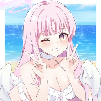 1girl absurdres angel_wings bare_arms bare_shoulders beach bikini blue_archive blush breasts choker collarbone commentary_request double_v feathered_wings frilled_bikini frills halo highres large_breasts long_hair looking_at_viewer low_wings mika_(blue_archive) mika_(swimsuit)_(blue_archive) multicolored_eyes navel official_alternate_costume official_alternate_hairstyle one_eye_closed open_mouth pink_hair pink_halo purple_eyes smile solo stomach swimsuit torasanth two-tone_eyes upper_body v very_long_hair white_bikini white_choker white_wings wings